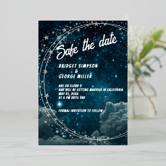 Blue Galaxy Cloud 9 Bruiloft Veilig De datum Folie Uitnodiging (Staand Voorkant)