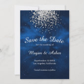 Blue Galaxy Night Sky met Silver Confetti Save The Date (Voorkant)