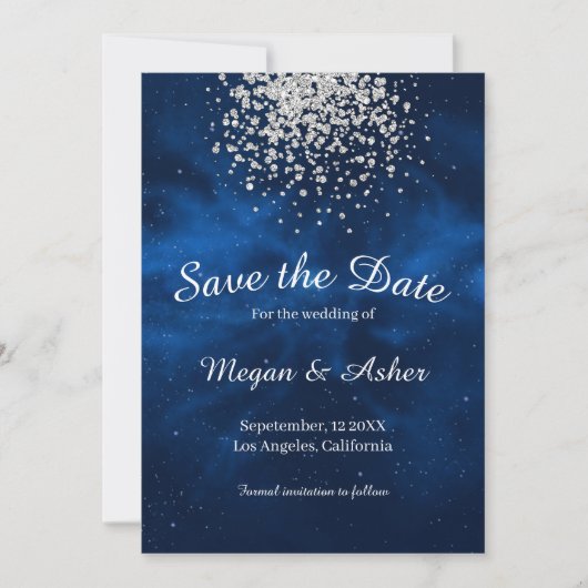 Blue Galaxy Night Sky met Silver Confetti Save The Date (Voorkant)