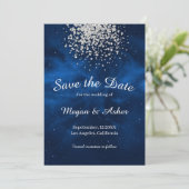 Blue Galaxy Night Sky met Silver Confetti Save The Date (Staand voorkant)