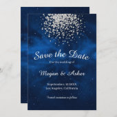 Blue Galaxy Night Sky met Silver Confetti Save The Date (Voorkant / Achterkant)