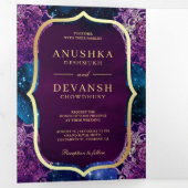 Blue Galaxy Paars Mandala QR Code Indian Wedding Drieluik Uitnodiging (Binnenzijde eerst)