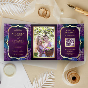 Blue Galaxy Paars Mandala QR Code Indian Wedding Drieluik Uitnodiging