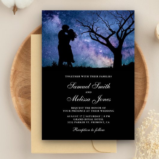 Blue Galaxy Romantic Couple Silhouette Wedding Kaart