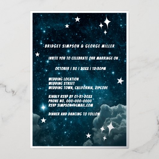 Blue Galaxy Sky Wedding Zilver Folie Uitnodiging (Voorkant)