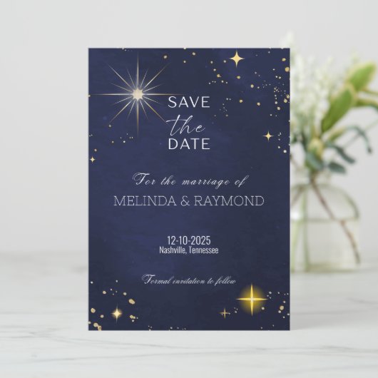 Blue Galaxy Star Save the Date Wedding Kaart (Staand voorkant)