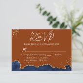 Blue Gand Oranje Agate Wedding RSVP Kaartje (Staand voorkant)