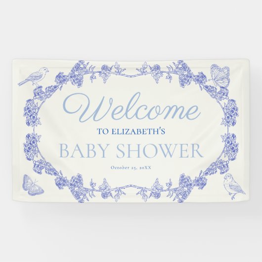 Blue Garden Chinoiserie Baby shower Welkom Spandoek (Horizontaal)