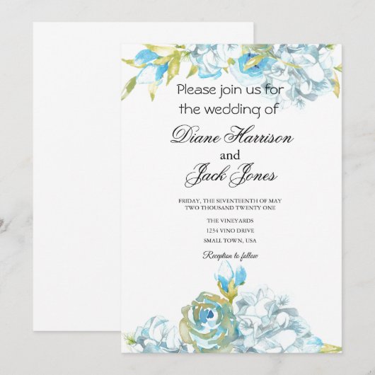 Blue Garden Flowers Wedding Kaart (Voorkant / Achterkant)