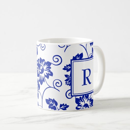 Blue Garden Pattern Monogram Koffie Mok (Voorkant rechts)