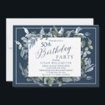 Blue Garland 50ste verjaardagsfeestje Kaart<br><div class="desc">Het is tijd om te feesten en deze uitnodiging is perfect! Dit ontwerp heeft een donkerblauwe achtergrond met een elegante blauwe en groene slinger geaccentueerd met aangepaste typografie.</div>