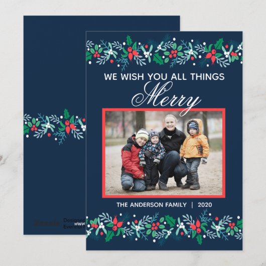 Blue Garland - Flat Holiday Card Feestdagenkaart (Voorkant / Achterkant)