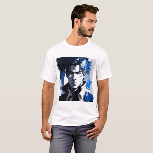 Blue Gaze – Stylized Portrait in Paint and Motion T-shirt (Voorkant volledig)