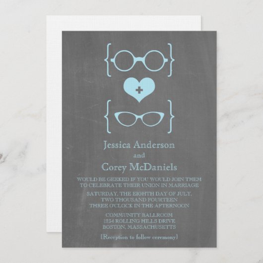 Blue Geeky Glasses Chalkboard Wedding Invite Kaart (Voorkant / Achterkant)