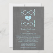 Blue Geeky Glasses Chalkboard Wedding Invite Kaart (Voorkant)