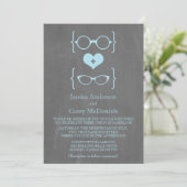 Blue Geeky Glasses Chalkboard Wedding Invite Kaart (Staand voorkant)