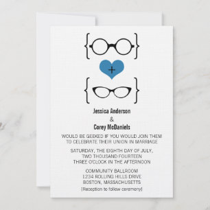 Blue Geeky Glasses Wedding Invitation Kaart