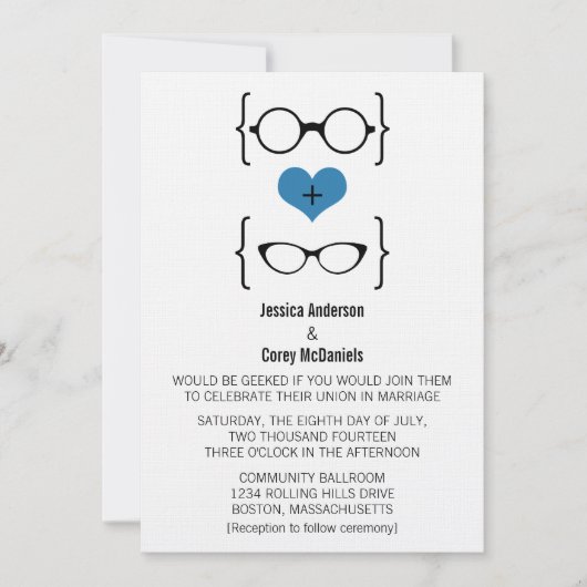 Blue Geeky Glasses Wedding Invitation Kaart (Voorkant)