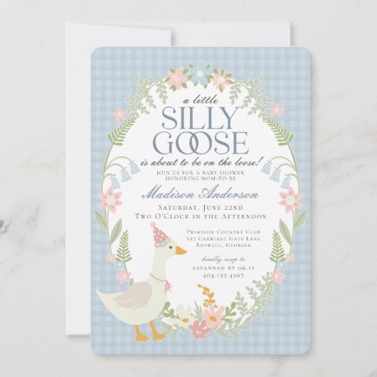 Blue Gekke Goose Floral Gingham Baby shower Kaart (Voorkant)