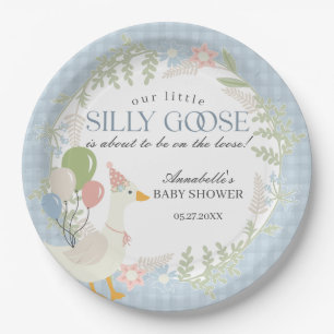 Blue Gekke Goose Floral Gingham Baby shower Papieren Bordje