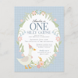 Blue Gekke Goose Floral Gingham eerste verjaardag Briefkaart
