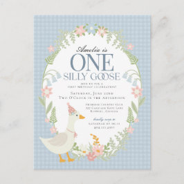 Blue Gekke Goose Floral Gingham eerste verjaardag Briefkaart