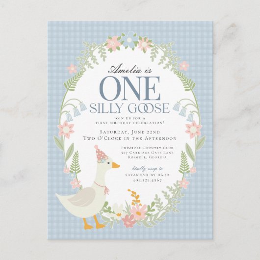 Blue Gekke Goose Floral Gingham eerste verjaardag Briefkaart (Voorkant)