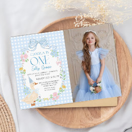 Blue Gekke Goose Floral Gingham eerste verjaardag Kaart