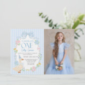 Blue Gekke Goose Floral Gingham eerste verjaardag Kaart (Staand voorkant)