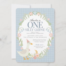 Blue Gekke Goose Floral Gingham eerste verjaardag Kaart