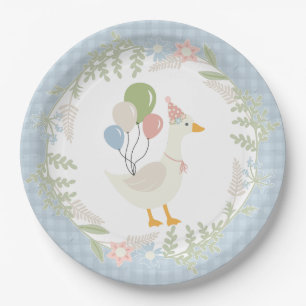 Blue Gekke Goose Floral Gingham Party Papieren Bordje