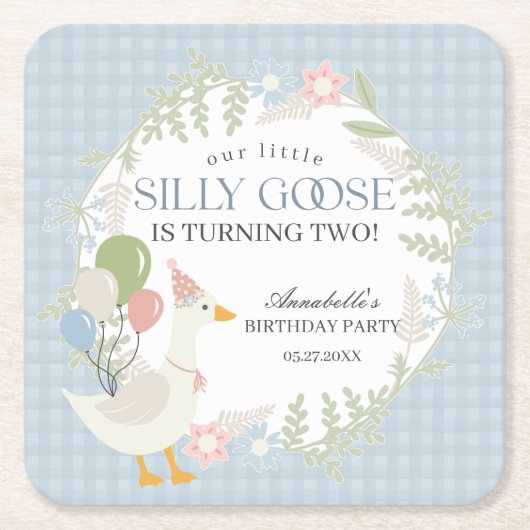 Blue Gekke Goose Floral Gingham Verjaardag Kartonnen Onderzetters (Voorkant)