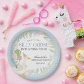 Blue Gekke Goose Floral Gingham Verjaardag Papieren Bordje (Feest)