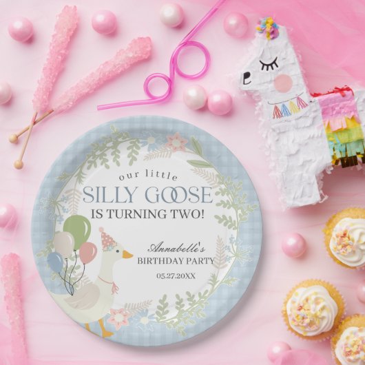 Blue Gekke Goose Floral Gingham Verjaardag Papieren Bordje (Feest)