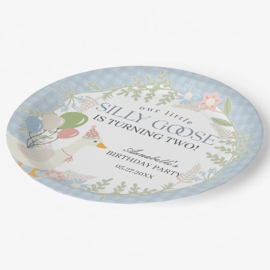 Blue Gekke Goose Floral Gingham Verjaardag Papieren Bordje (Gekanteld)