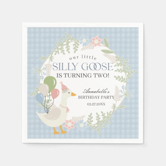 Blue Gekke Goose Floral Gingham Verjaardag Servet (Voorkant)