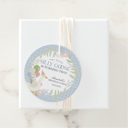 Blue Gekke Goose Floral Gingham Verjaardagsfeest Bedankjes Labels (In situ)