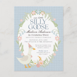 Blue Gekke Goose Floral Gingham Verjaardagsfeest Briefkaart