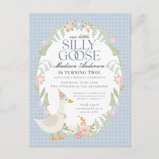 Blue Gekke Goose Floral Gingham Verjaardagsfeest Briefkaart (Voorkant)