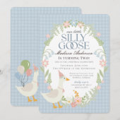 Blue Gekke Goose Floral Gingham Verjaardagsfeest Kaart (Voorkant / Achterkant)