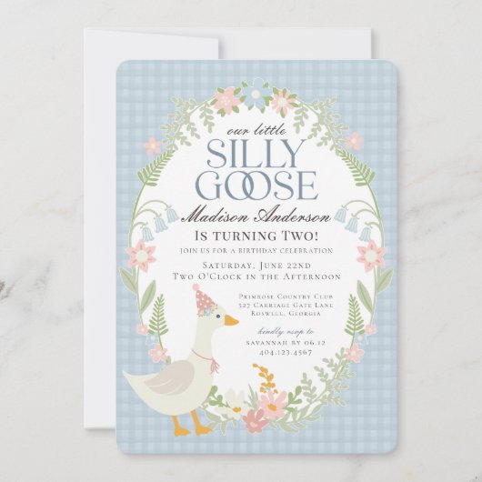 Blue Gekke Goose Floral Gingham Verjaardagsfeest Kaart (Voorkant)