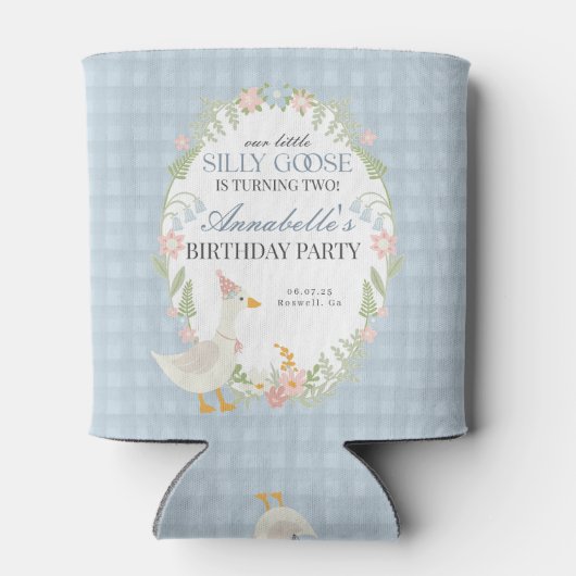 Blue Gekke Goose Floral Gingham Verjaardagsgunst Blikjeskoeler (Achterkant)