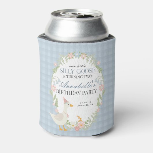 Blue Gekke Goose Floral Gingham Verjaardagsgunst Blikjeskoeler (Blikje Achterkant)