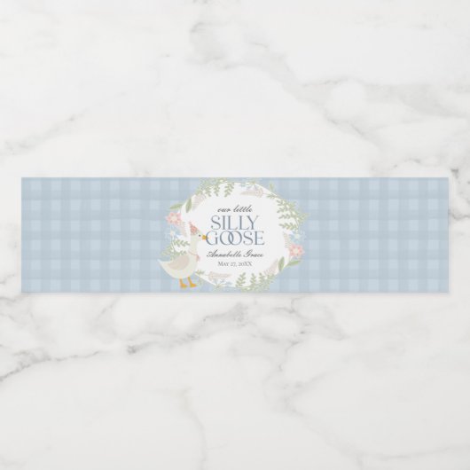 Blue Gekke Goose Floral Gingham Waterfles Etiket (Enkel label)