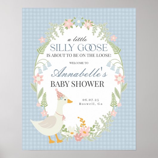 Blue Gekke Goose Gingham Baby shower Welkomstbord Poster (Voorkant)