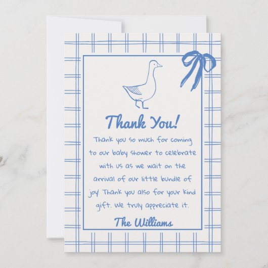 Blue Gekke Goose Gingham Ribbon Boy Baby shower Bedankkaart (Voorkant)