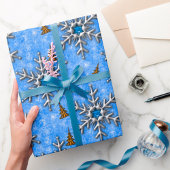 Blue Gem Snowflakes Gold kerstbomen kerst Cadeaupapier