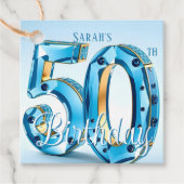 Blue Gemstone and Gold Glam 50th Birthday Bedankjes Labels (Voorkant)