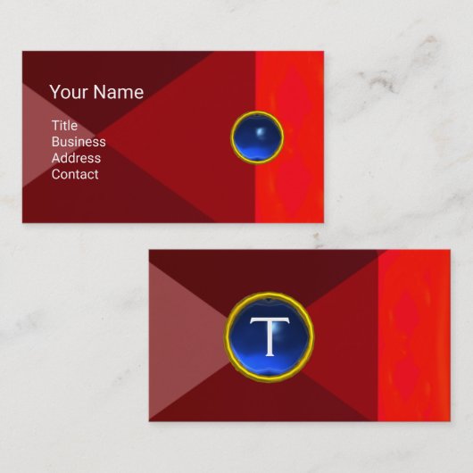 BLUE GEMSTONE MONOGRAM Ruby Red Abstract Geometric Visitekaartje (Voorkant / Achterkant)