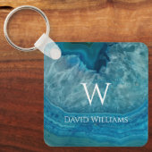Blue Geode Agate Monogram Modern Name & Initiaal Sleutelhanger (Voorkant)